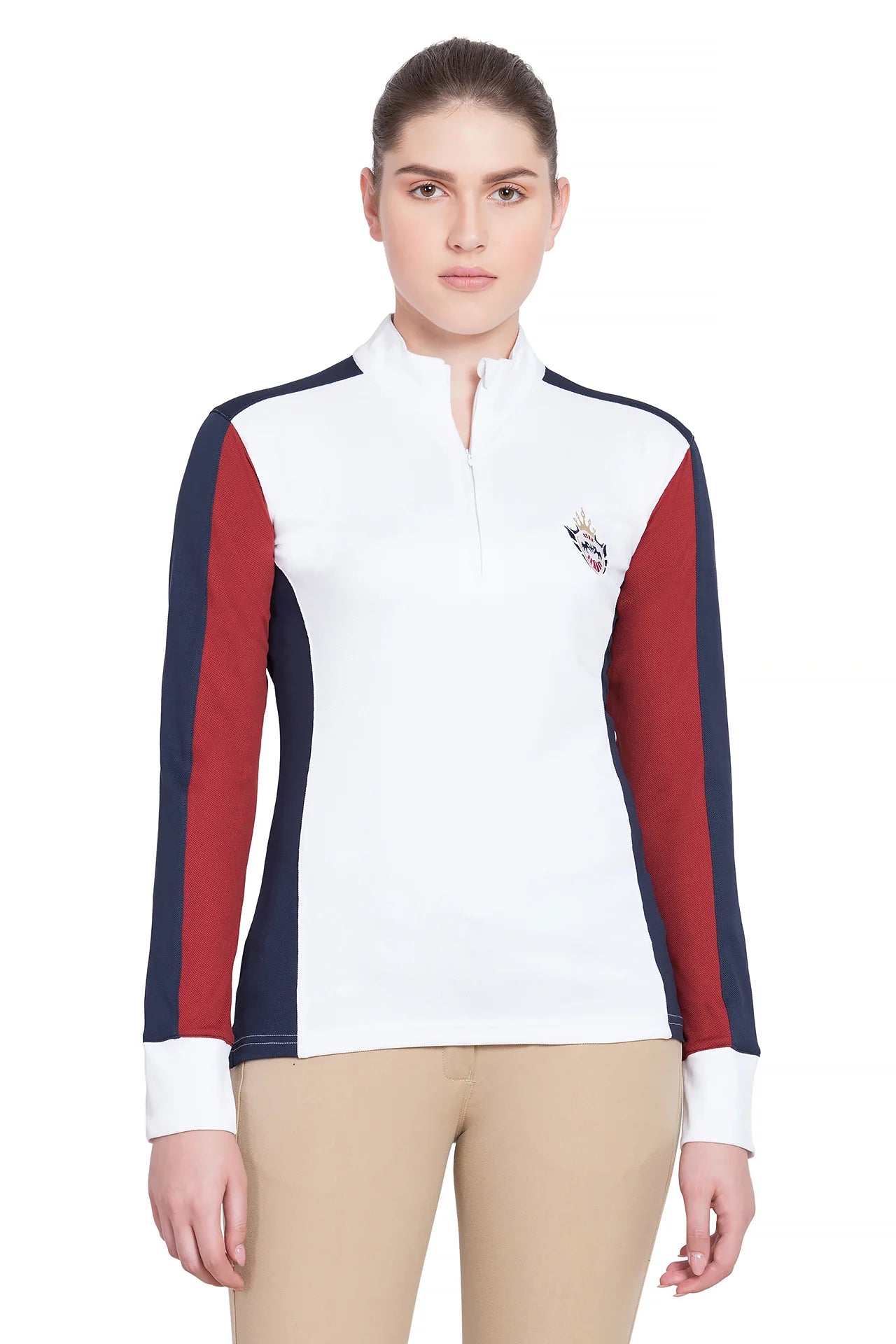 Equine Couture Ladies Dennison Long Sleeve Sport Shirt- White /EC Navy/ EC Red